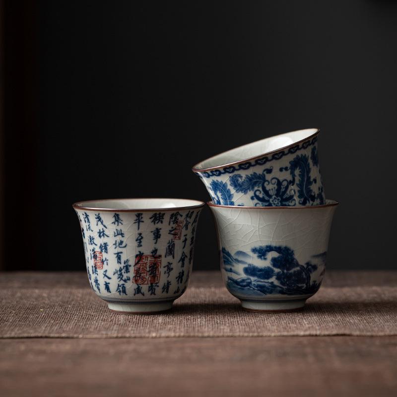 Antique Blue and White Tea Cup Ceramic Master Cup Large Tea Bowl Single Cup Kung Fu Tea Set Chinese Tea Cup
