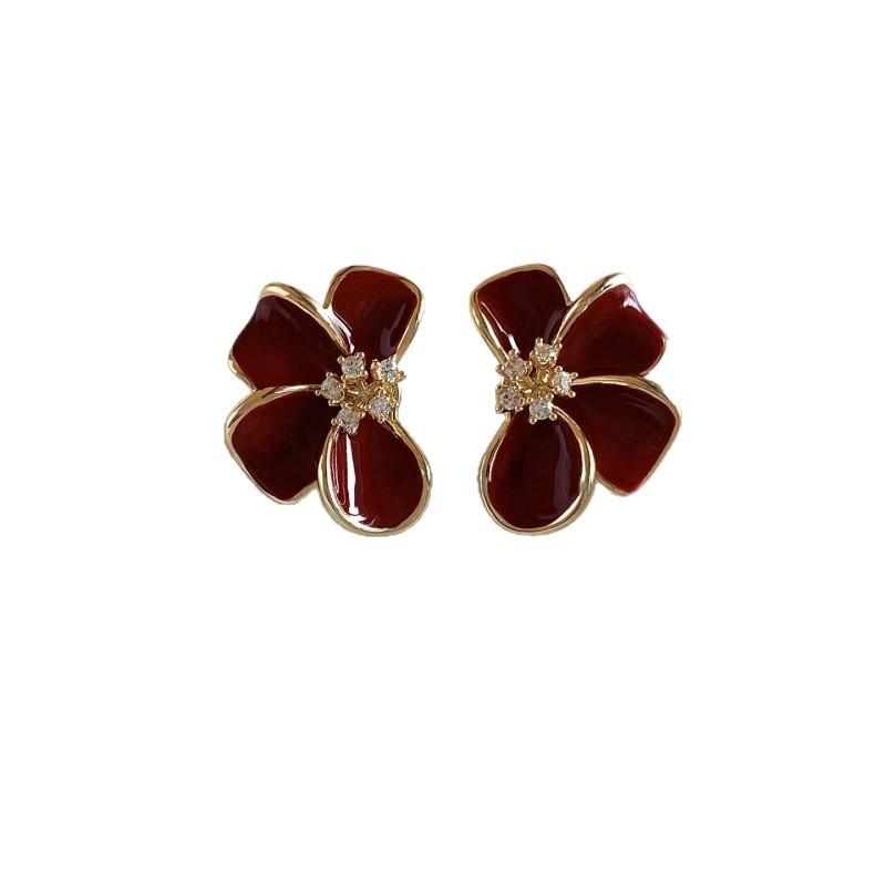 Red enamel flower stud earrings light luxury temperament high-end drip glaze earrings niche unique versatile beautiful ear jewelry
