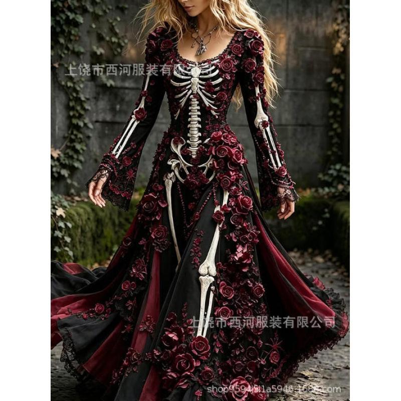 Abito da donna vintage gotico con teschio e rosa, motivo a gradiente, vestito lungo di Halloween con motivo a gradiente