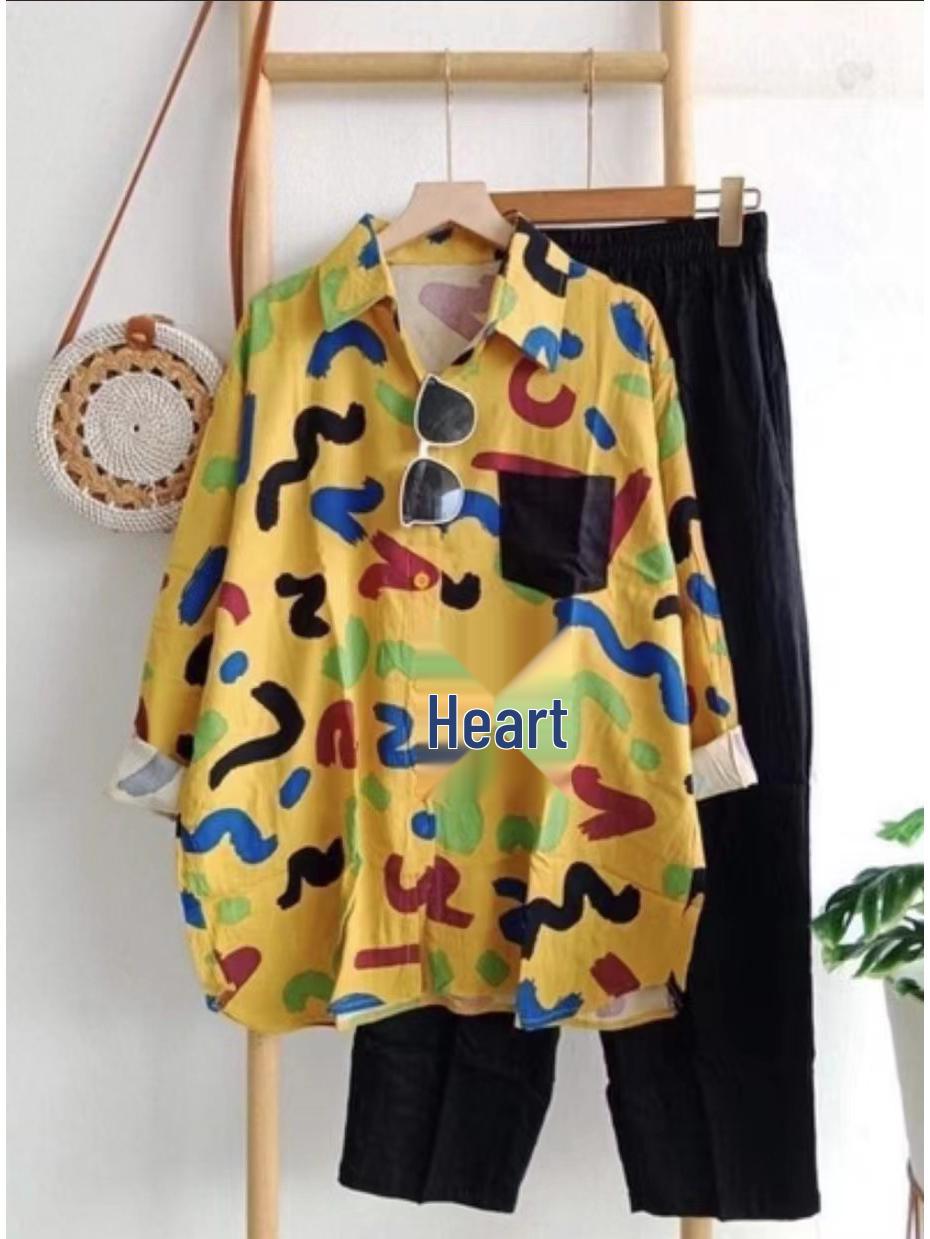 

Повседневный комплект из двух предметов с принтом на лацканах с рукавами пять четвертей для весны/лета XXXXL