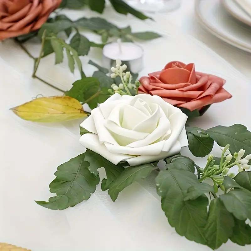 25pcs Fake Artificial White Roses With Stem, Home, Party & Wedding Decorations, For DIY, Bridal Shower Bouquets & Centrepieces/Arrangements