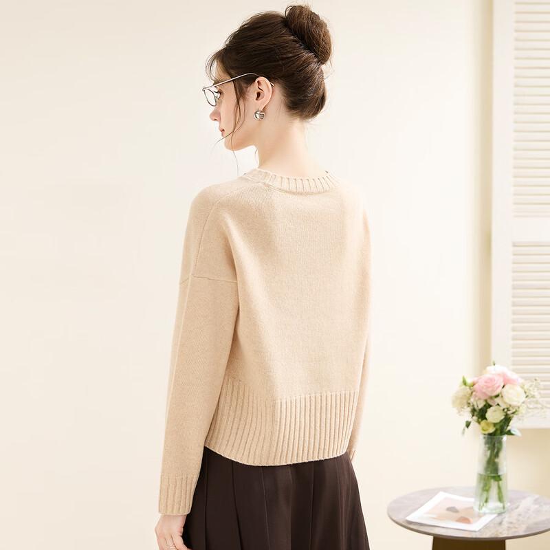 TUHUANG Women's Pure Wool Letter Embroidered Round Neck Sweater