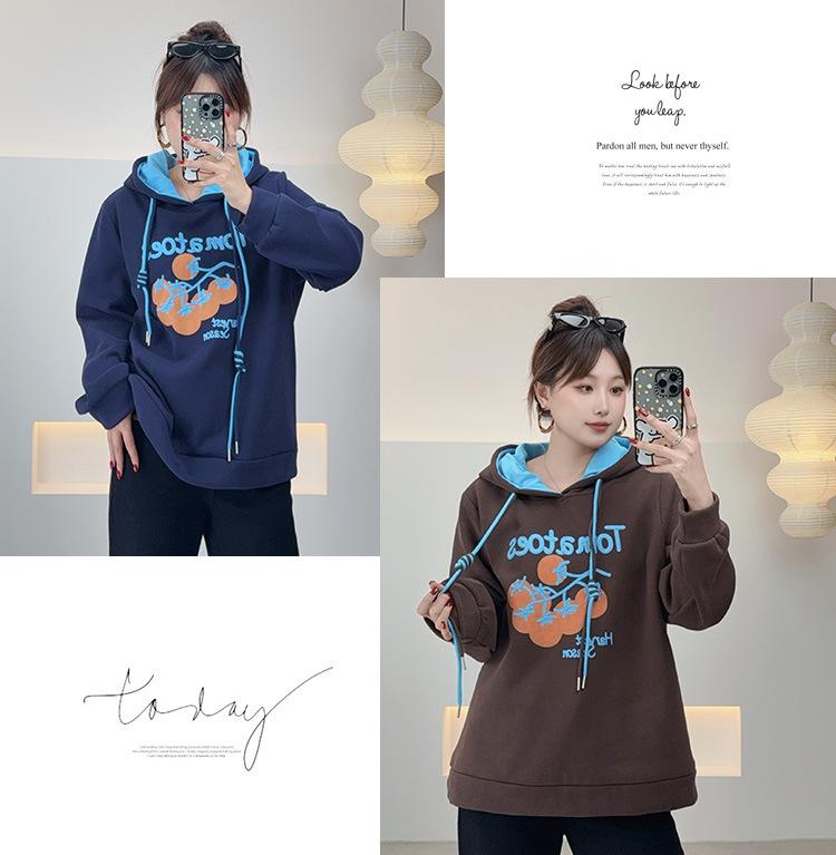 Winter 2025 Plus Size Women's Letter Print Hooded Sweatshirt - Fashionable Drawstring Style