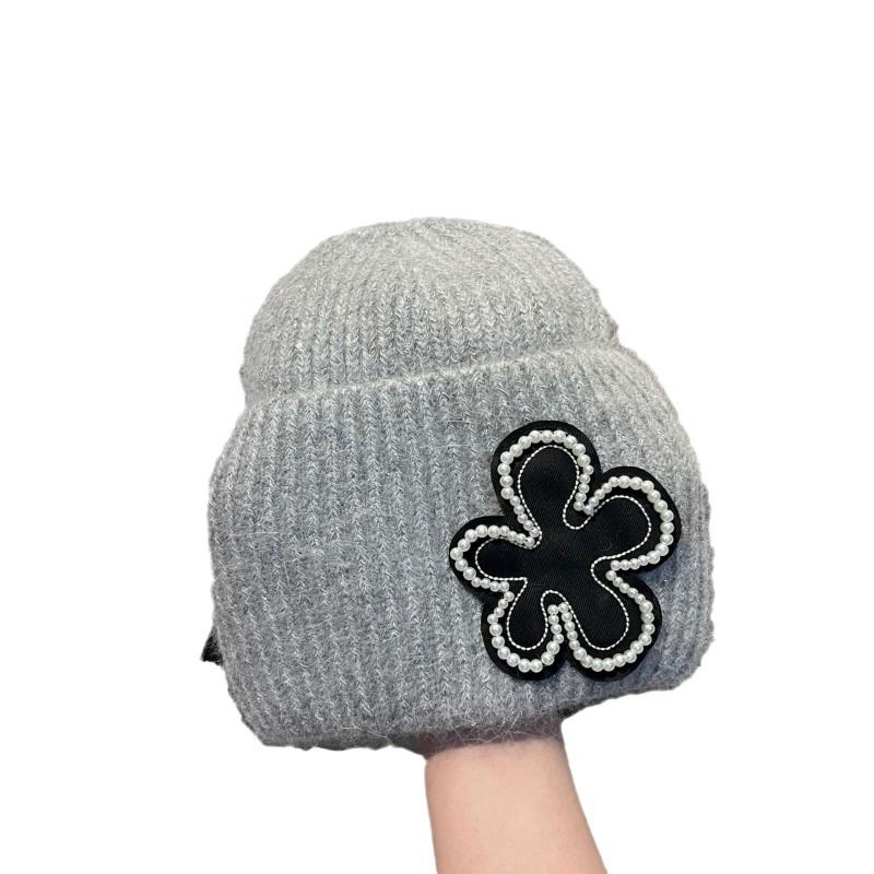 Womens Winter Knit Beanie Pearl Flower Faux Fur Hat Soft Shiny Warm Outdoor Fashion