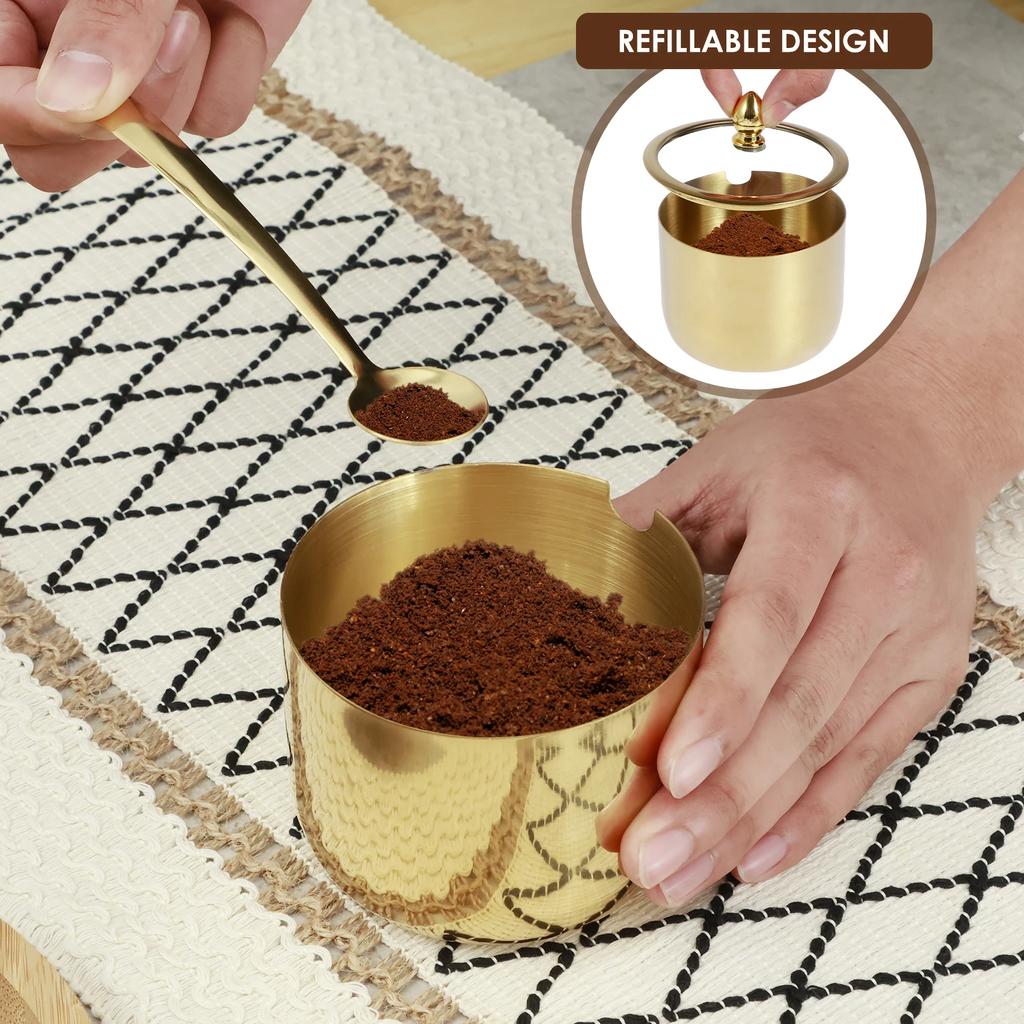 Stainless Steel Sugar Bowl Set with Glass Lid Spoon and Tray Rustproof Seasoning Box Round Condiment Pots Polished Shiny Sugar