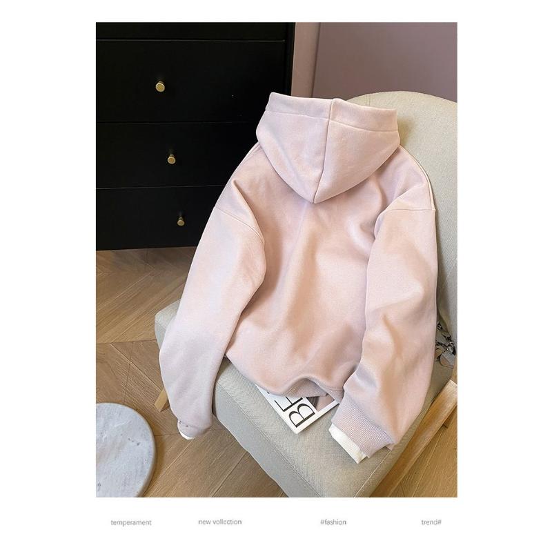 Módní Volná Ležérní Vyšívaná Sametová Mikina Dámská Teplá Zesílená Bunda s Kapucí