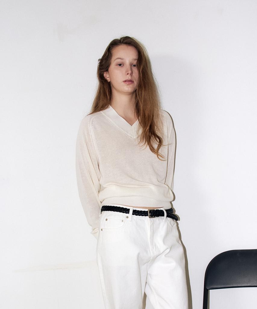 EZIO WOMEN Linen V-Neck Knit_Ivory