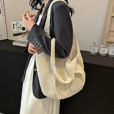 Women's Hollow Woven Shoulder Bags Large Capacity Knitting Underarm Bag Solid Crochet Tote Handbag Fashion Summer Mesh Beach Bag