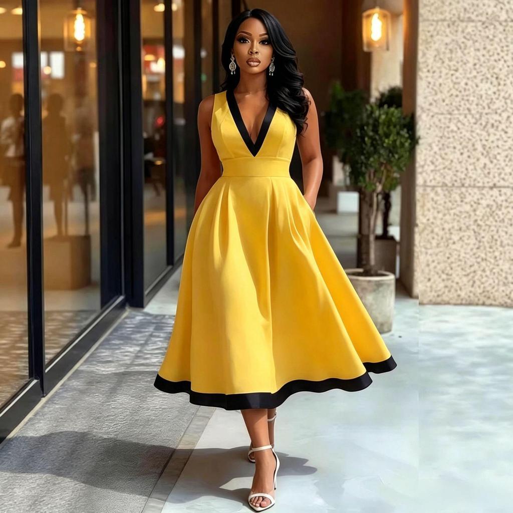 Elegant Color Block High-Waisted Women's Banquet Dress