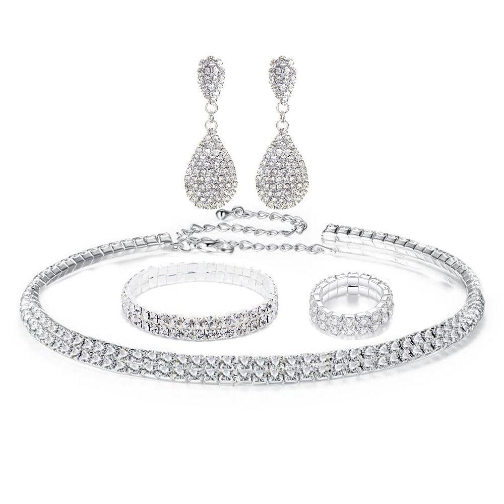 Luxury Necklace Bracelet Earring Ring Sets Shiny Rhinestone Choker Necklace  Bridal Party
