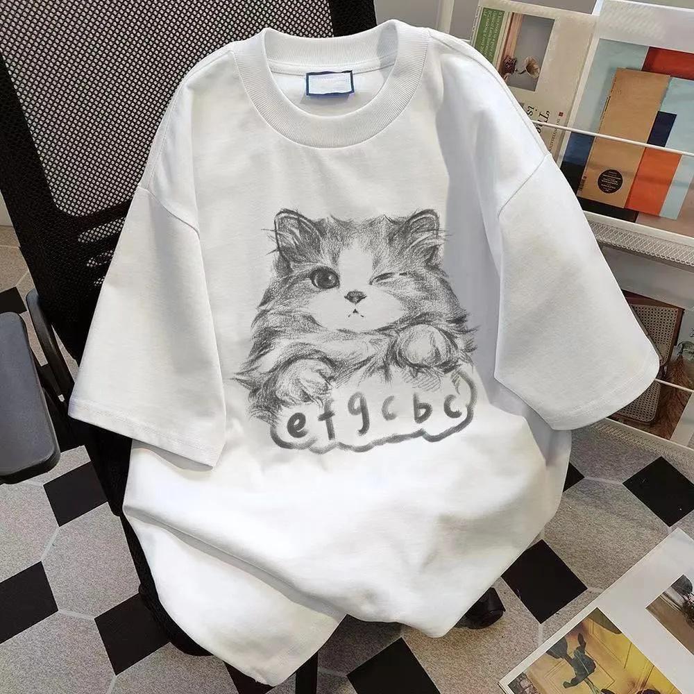 Cotton Cat Print Summer Short-sleeved T-shirt Women's Loose Casual and Thin Versatile Crew Neck Couple Heavy Ins