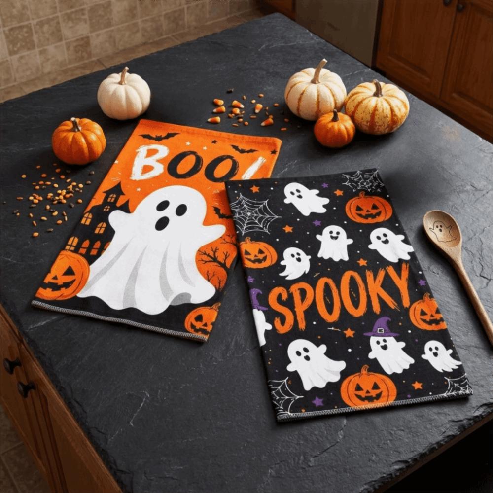 2PCS Ghost Pumpkin Pattern Hand Towel Ultra-Fine Fiber Dish Towel Kitchen Dishcloth  Bathroom