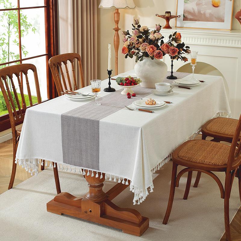 Tablecloth Ins European And American Style Lace Cotton And Linen Fabric Striped Simple Square Dining Table Mat Coffee Table Tablecloth Ins Style
