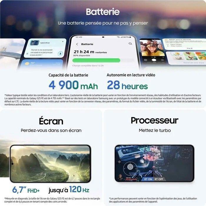 Refurbished - Version Internationale - SAMSUNG Galaxy S25 FE AI Smartphone 128Go Noir Absolu - Single SIM