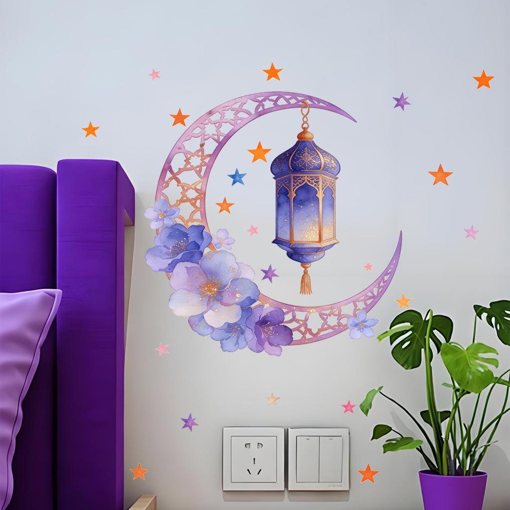 Purple Moon And Flower Chandelier For Bedroom And Living Room, Middle Holiday Decorative Wall Stickers