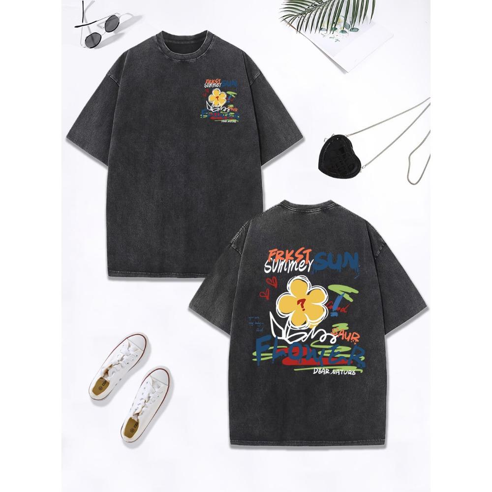 Summer Sun Flower Graffiti Printing Washed T-Shirts Women Cotton Oversize Tops Casual O-Neck Distressed T Shirt Clothes