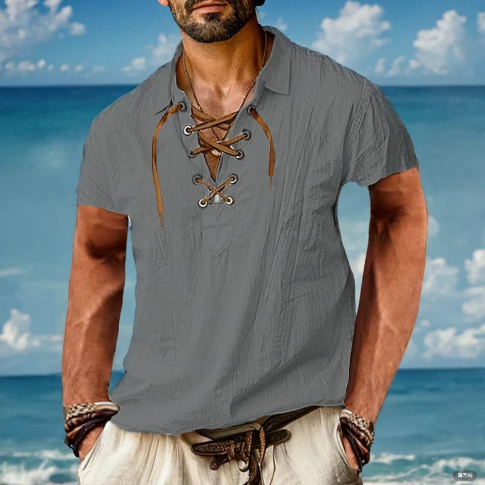 Summer Men's Cotton Linen 100% Shirt Solid Color Lace-up Turn-down Collar Shirt  Linen Shirt Top