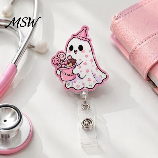 Decorative Badge Holder for Nurses Halloween Ghost Reel, Glitter Acrylic Retractable Clip, Cute Pink Transparent Clip ID Name Women Nurse Teacher