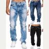 Erkek Düz Paça Yırtık Açık Mavi & Koyu Mavi & Siyah Denim Kot Pantolon Beyaz Dikişli