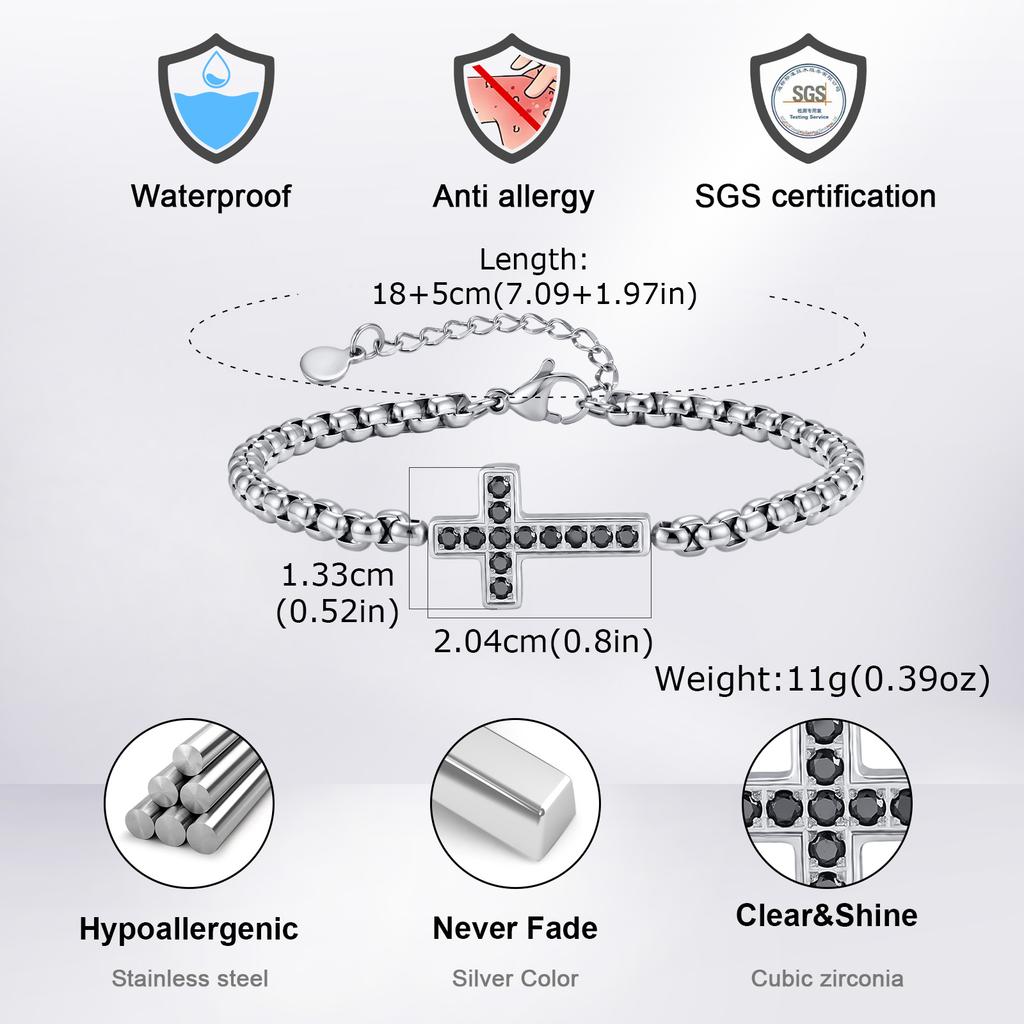 Stylsih Stainless Steel Men's Bracelet,Black Zircon Cross Charm Adjustbale Chain Wristbandk,Hip Hop Father's Day Gift for Him
