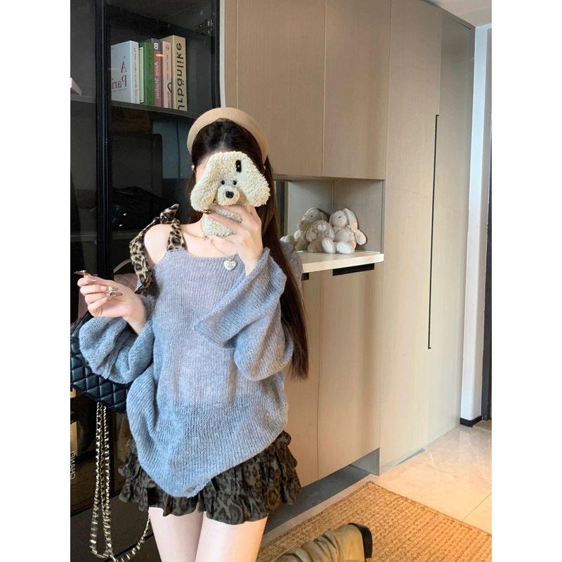 Kumikumi Stylish Leopard Print Lace-up off-Shoulder Long Sleeves Pullover Sweater Female Autumn New Arrival Chic Anti-Aging Top