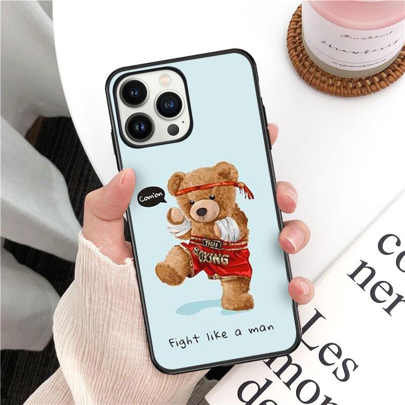 Cartoon Teddy Bear Phone Case for iPhone 14 13 12 11 Pro MAX X XS Max XR Mini SE2022 6S 7 8 Plus Black Case