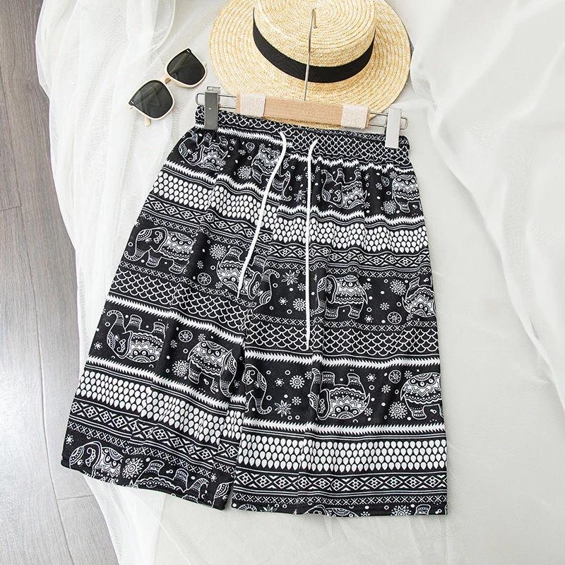 Elephant Pants Shorts Casual Adjustable Elastic High Waistband Strap Rope Women Men Unisex Print Thailand Streetwear Beach Bohemian Retro Vintage