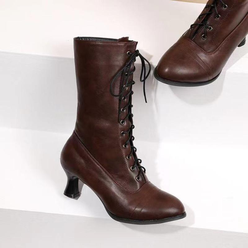 2026 European and American Style Autumn and Winter Lace Up Low Heeled Women's Mid Leg Round Toe Women's Single Boots