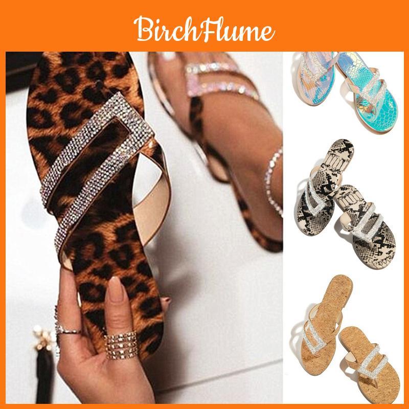Women's Casual Summer Flat Shoes Glitter Slipper Slip On Leopard Print Sandals