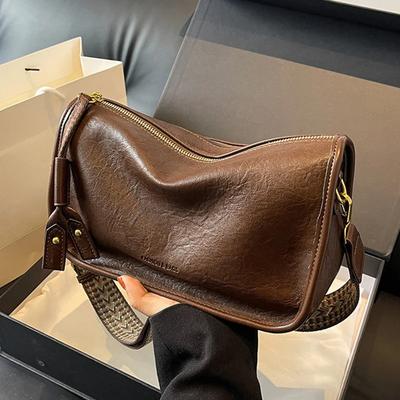 Vintage Women's Shoulder Bag PU Leather Crossbody Bag with Wide Shoulder Strap Handbag Travel