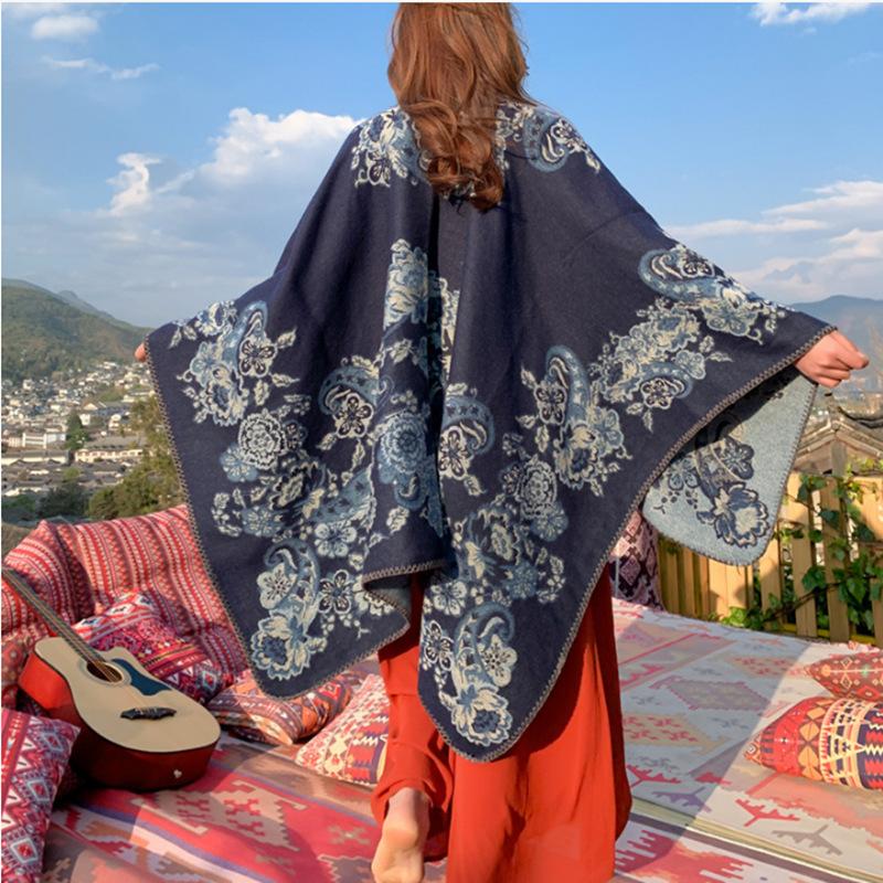 Travel large shawl women's imitation cashmere with double-sided cape geometric pattern fringe air-conditioning room cape summer