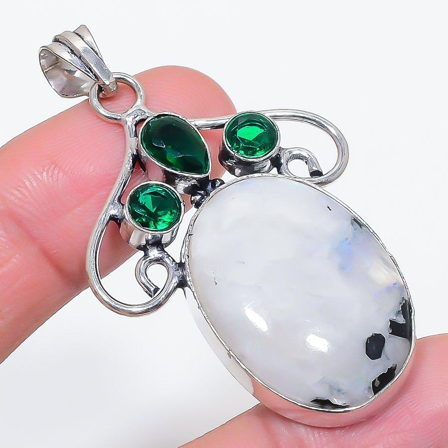 Natural Moonstone, Diopside 925 Sterling Silver Jewelry Pendant 2.29" v6H32
