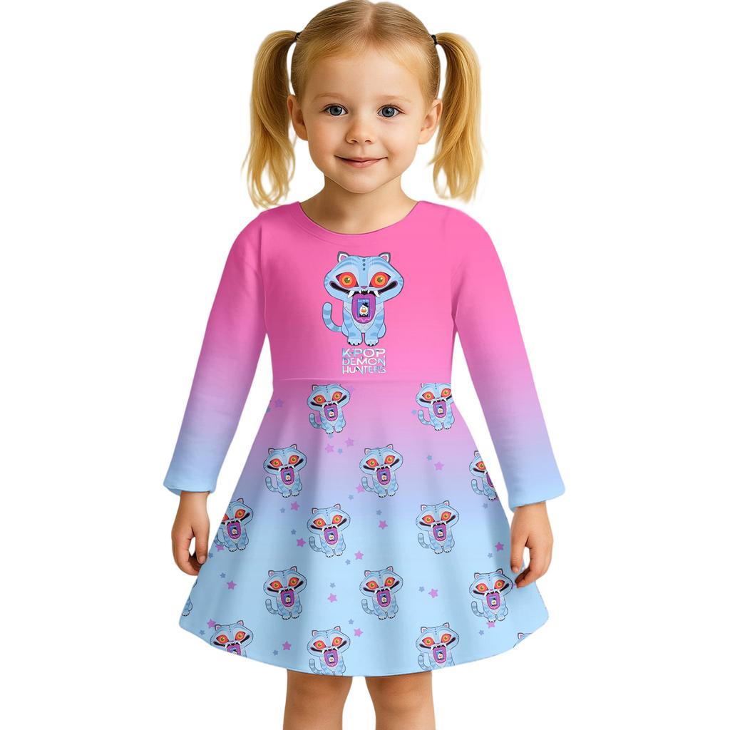 Kids Girls Casual Daily Dress Cute Cartoon Print Long Sleeves Dance Wear Princess Dress  2-12 Years