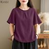 Women Casual Round Neck Solid Color Short Sleeve Blouse