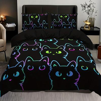 3pcs Fashionable Black Colorful Animal Cat Digital Print Quilt Cover Set