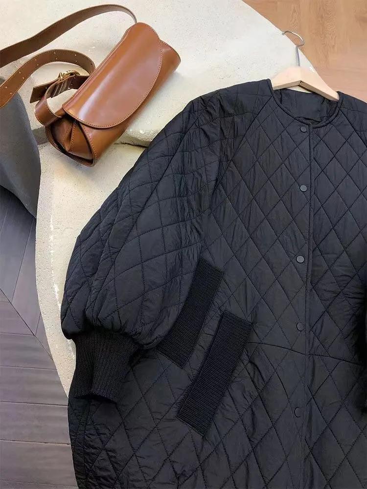 Women's Winter Long Windbreaker Round Neck Loose Diamond Grid Jacket