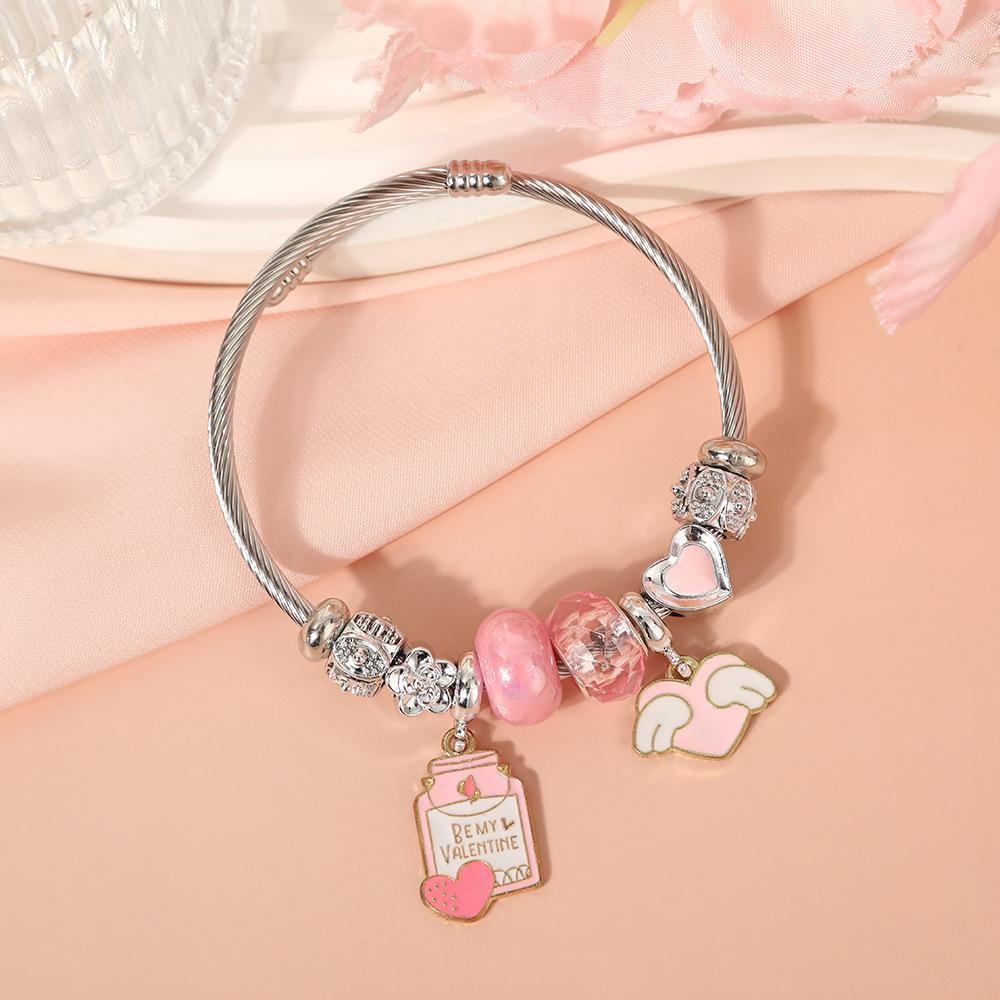 Cute Cartoon Bear Angel Heart Beaded Bracelet Stainless Steel Valentine Gift for Her Girlfriend Women