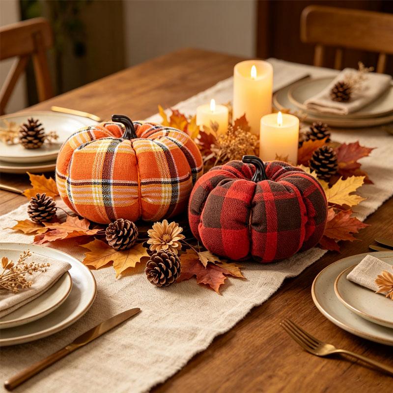 Vintage Plaid Fabric Pumpkin Ornament Halloween Thanksgiving Harvest Home Decor Autumn Tabletop Centerpiece Farmhouse Decoration