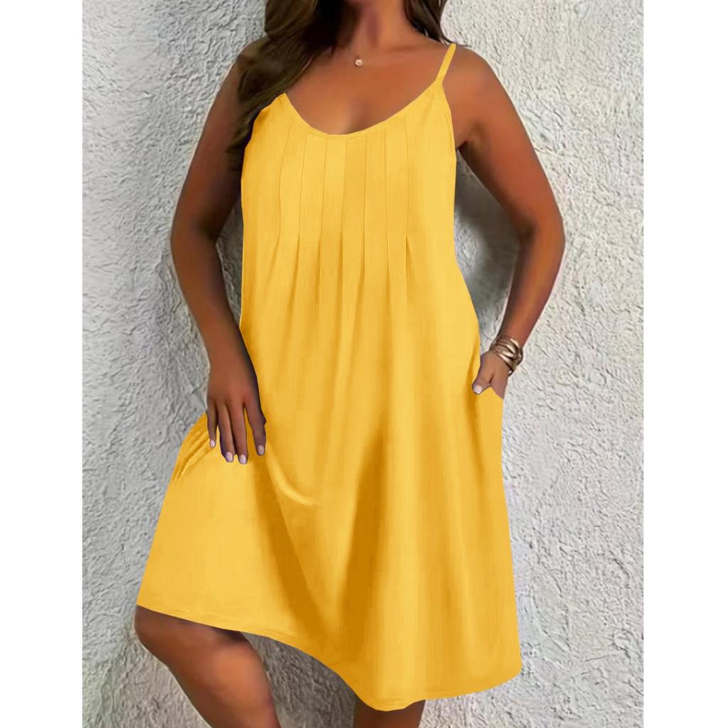 Women's Plus Size Casual Color Round Neck Sleeveless Pleated Camisole With Pocket Dress
