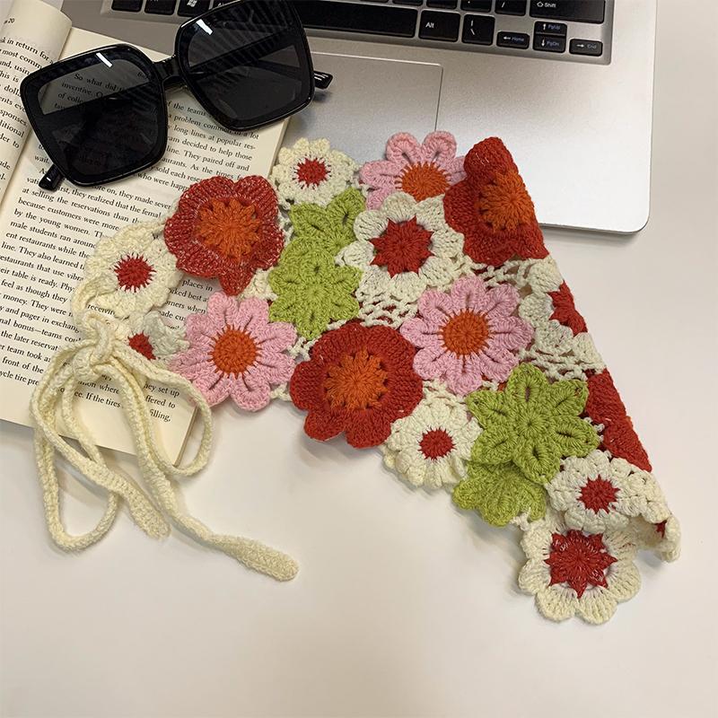 Spring and Autumn Sweet and Cute Wind Handmade Knitted Headband Female Personality Crochet Literary Style Triangle Scarf Headscarf