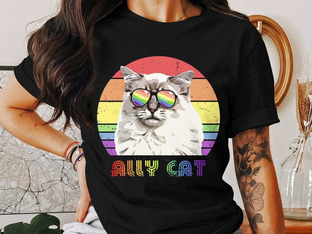 Rainbow Pride Cat T-Shirt, Retro Style Ally Cat Graphic Tee, Vintage Inspired LGBTQ Support Shirt, Unisex Casual Wear