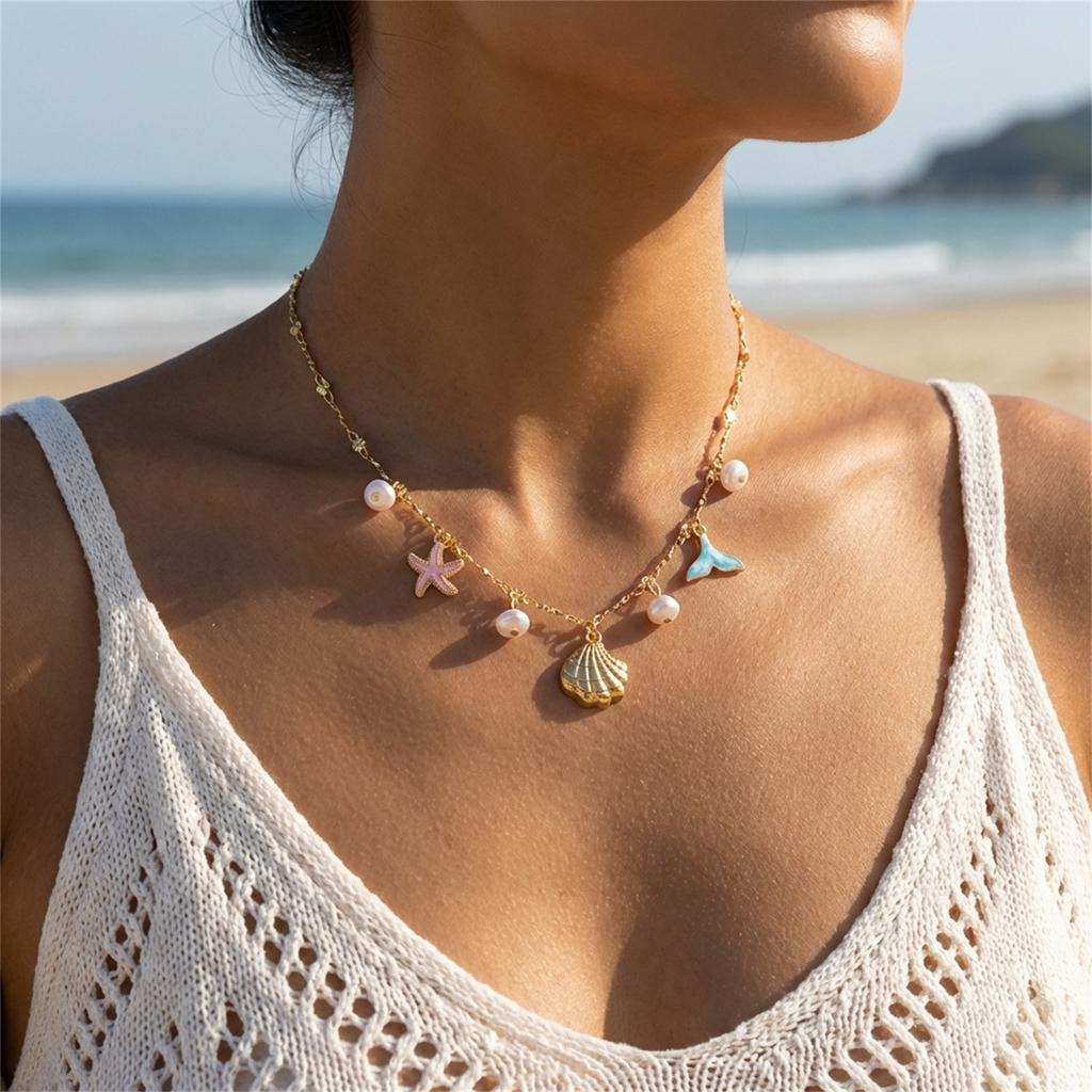 Boho Multilayer Starfish Shell Conch Pendant Necklace For Women Trendy Summer Beach Pearl Chains Choker Travel Party Jewelry