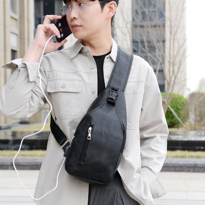 Simple and Fashionable Casual Solid Color PU Multifunctional USB Charging Zipper Man's Chest Bag Crossbody Bag for Commuting