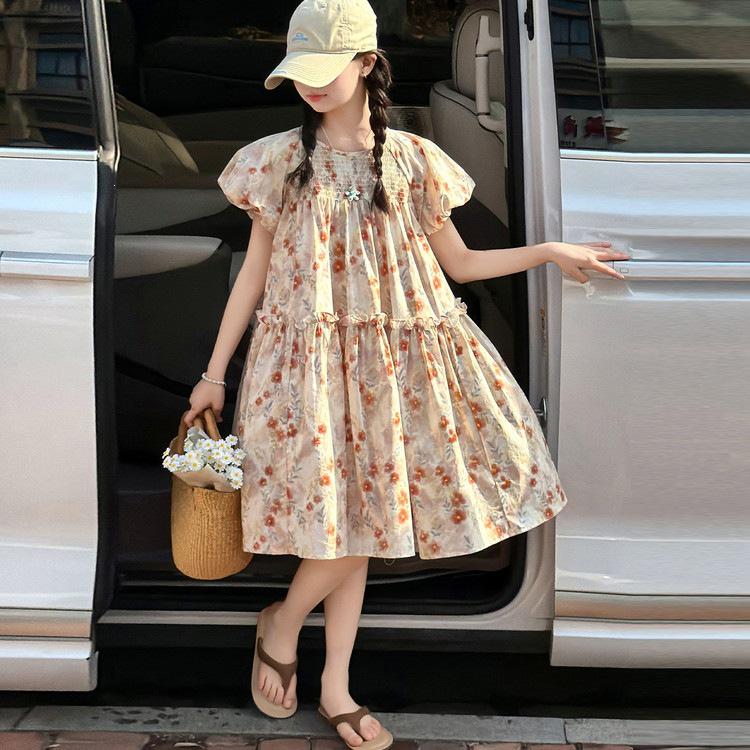 Floral Puff Sleeve Princess Dress for Older Girls: Korean Style Patchwork Summer Dress 170 cm