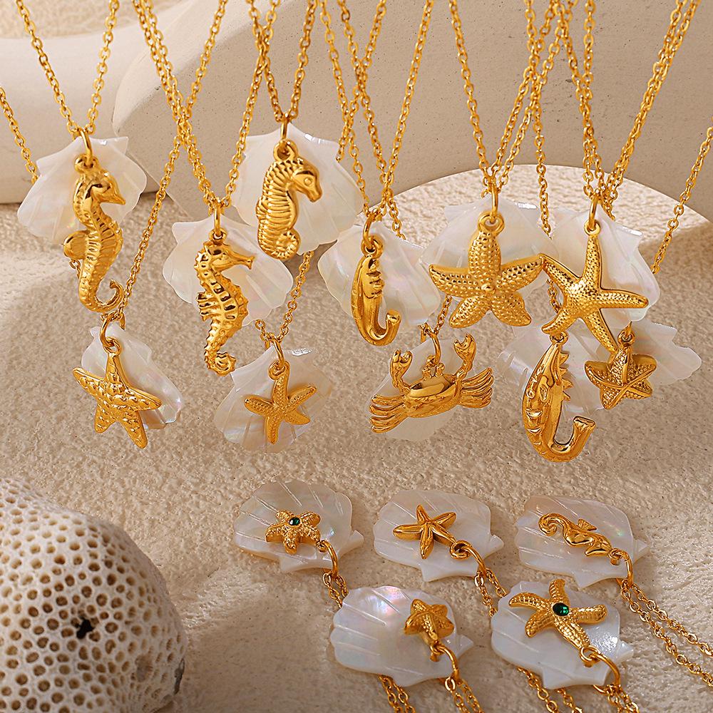 Starfish & Seahorse Stainless Steel Necklace with White Shell
