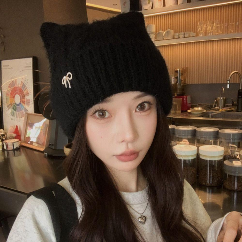 Solid Color Cat Ears Pullover Hat Japanese Style Women Beanie Hat Autumn Winter