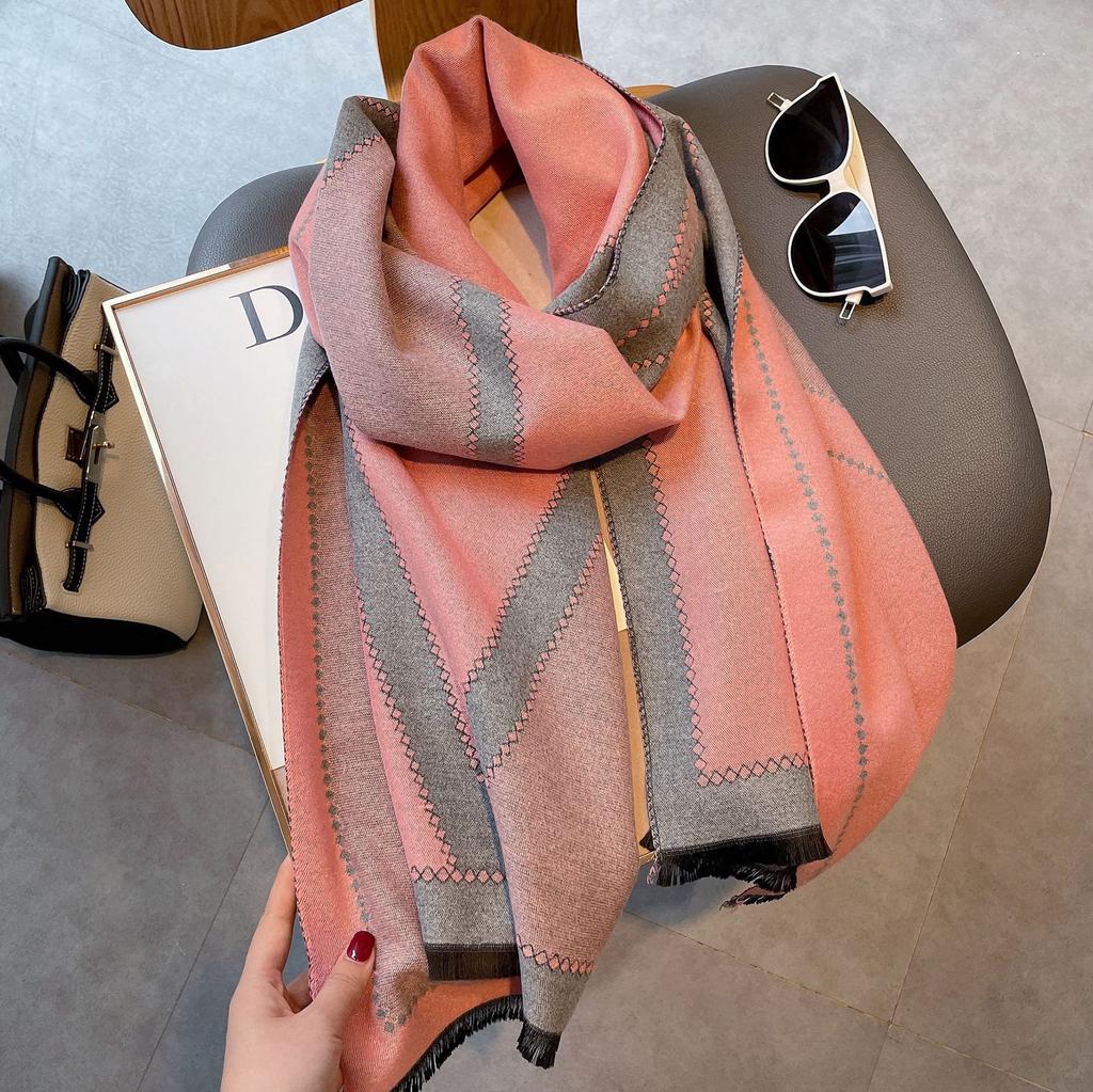 Autumn Imitation Cashmere Warm Scarf Plaid Jacquard Thick Air Conditioner Shawl Decoration Short Beard Fringed Scarf Versatile