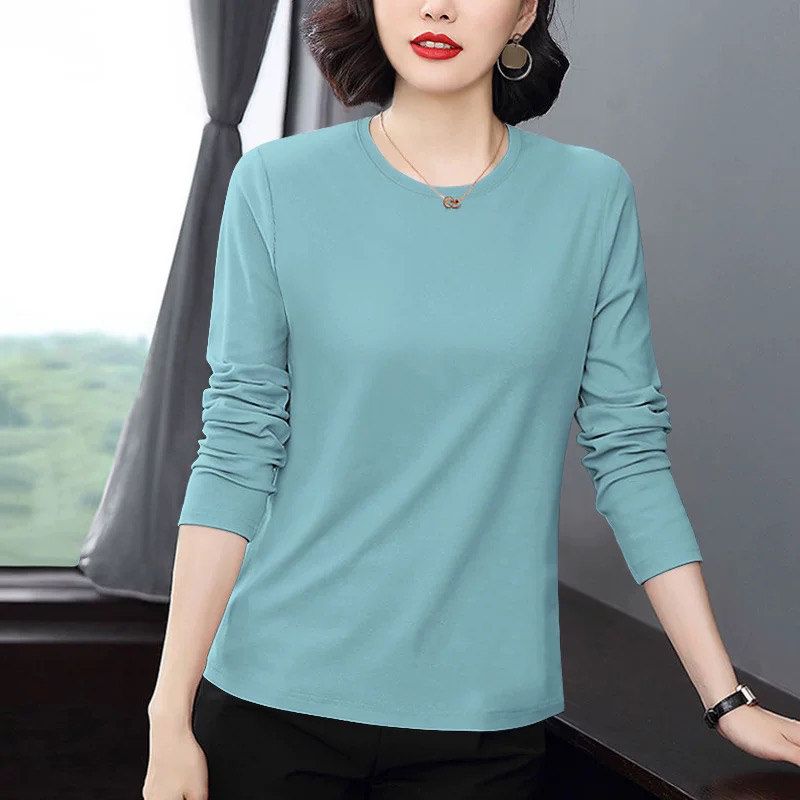 

Long-Sleeved T-Shirt for Women, Spring and Autumn New Style, Large Size, Fashionable, Stylish, Round Neck, Loose, Versatile, Beautiful Blouse Top Lake Blue [Solid Color] M