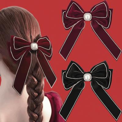 Headdress Cloth Red Velvet Bow Hair Clip Rhinestone Pearl Bowknot Spring Clip Tassel Hair Claw New Year Hairpin Girls