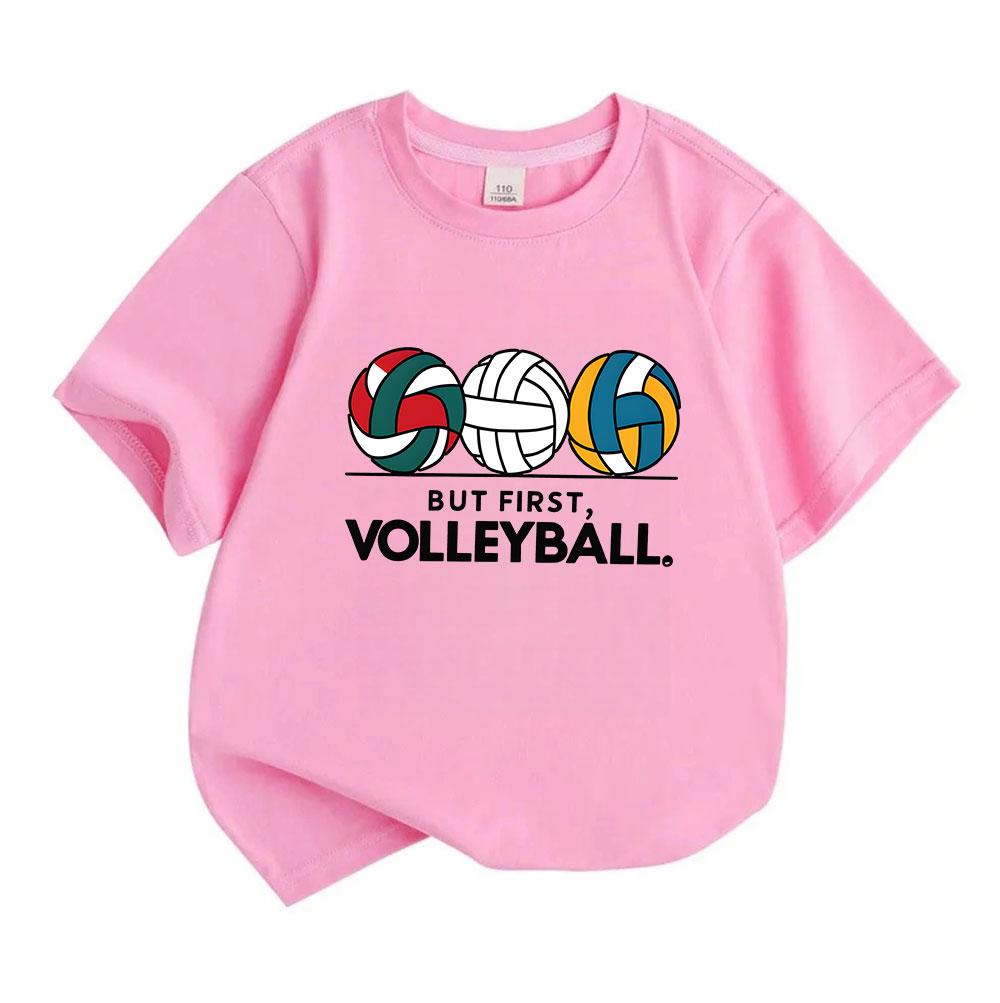 Kids Boys Girls 100% Cotton Crew Neck Short Sleeve T-Shirt, Cute Volleyball Pattern But First Volleyball Graphic Casual Comfy Tee for Children Daily S